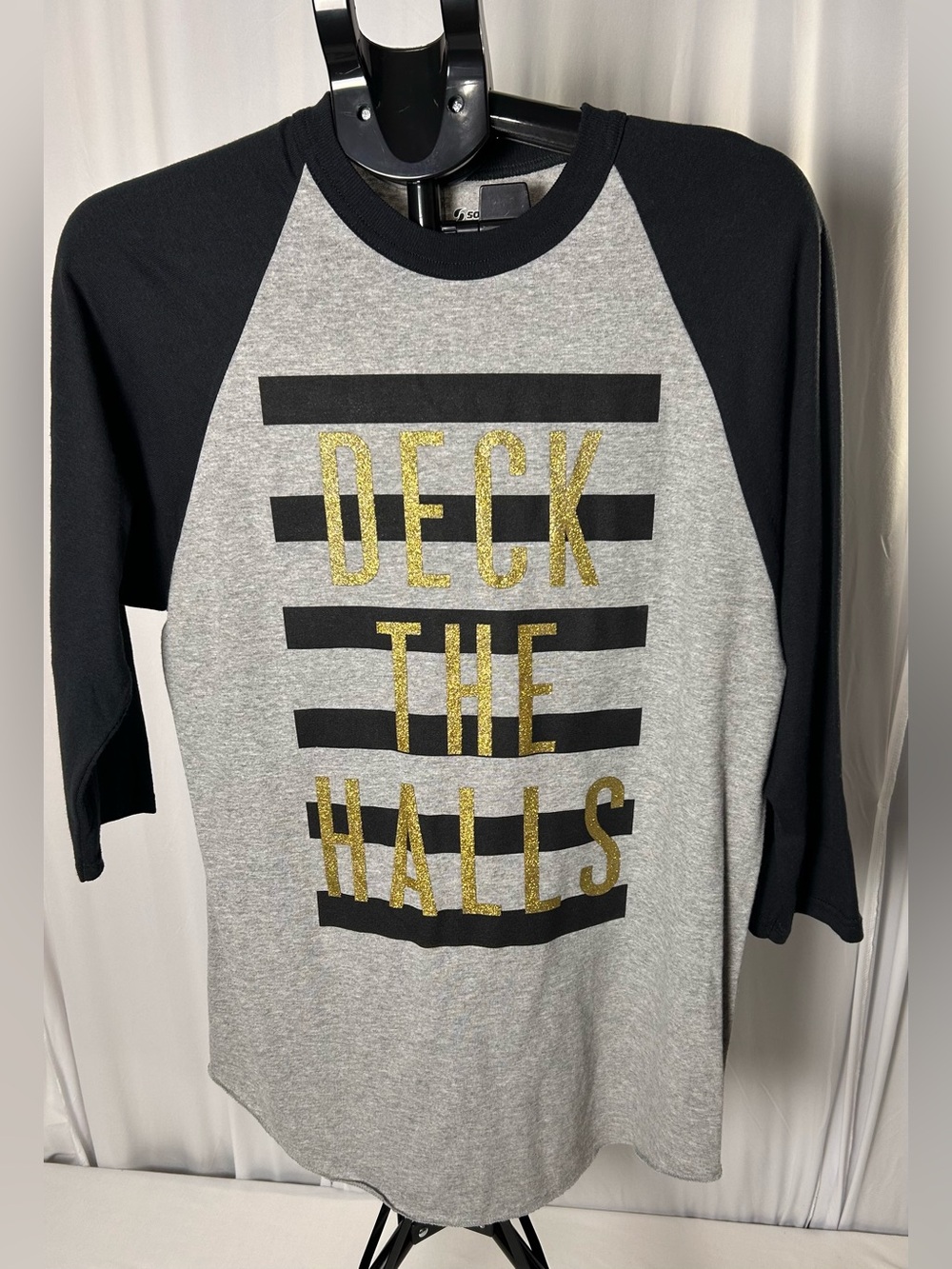 Soffe Gray & Black Raglan 'Deck the Halls' Tee with Gold Glitter